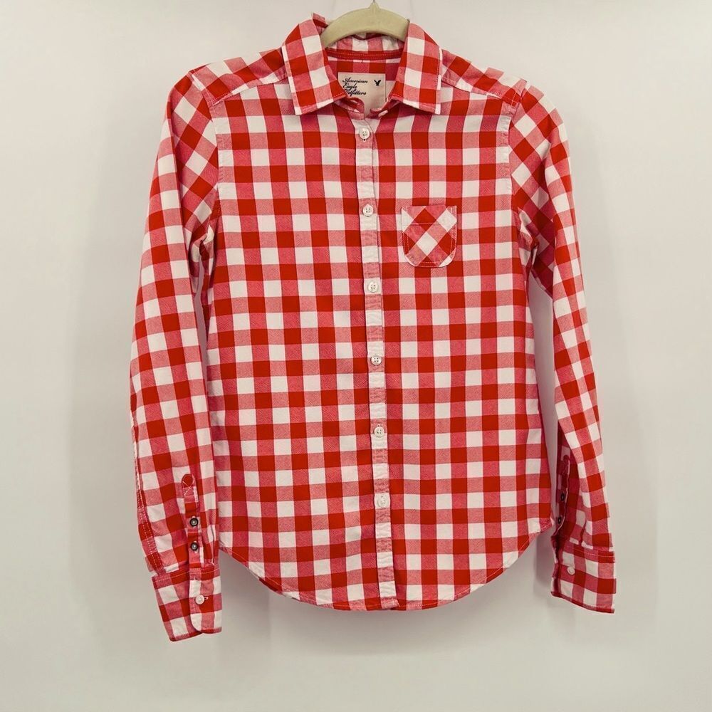 American Eagle Top Blouse  Button Down Orange Red  White Size 0